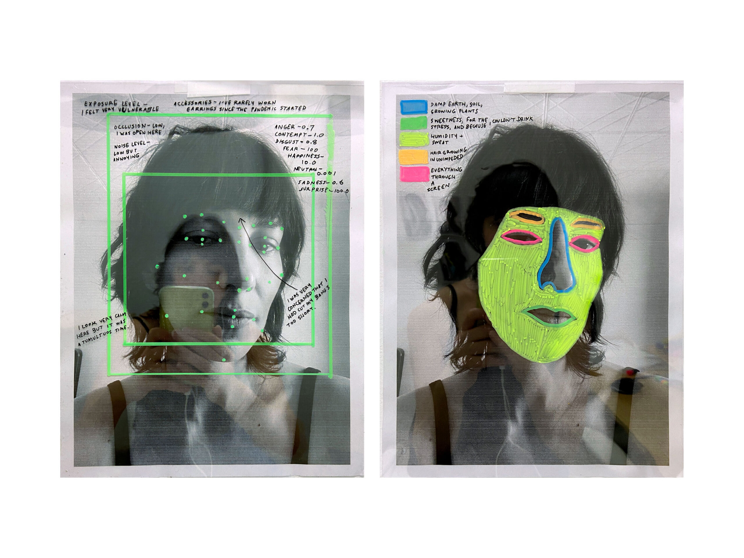 Two identical black and white photos of me looking calmly into the camera, each with a different set of hand-drawn annotations in neon colors.