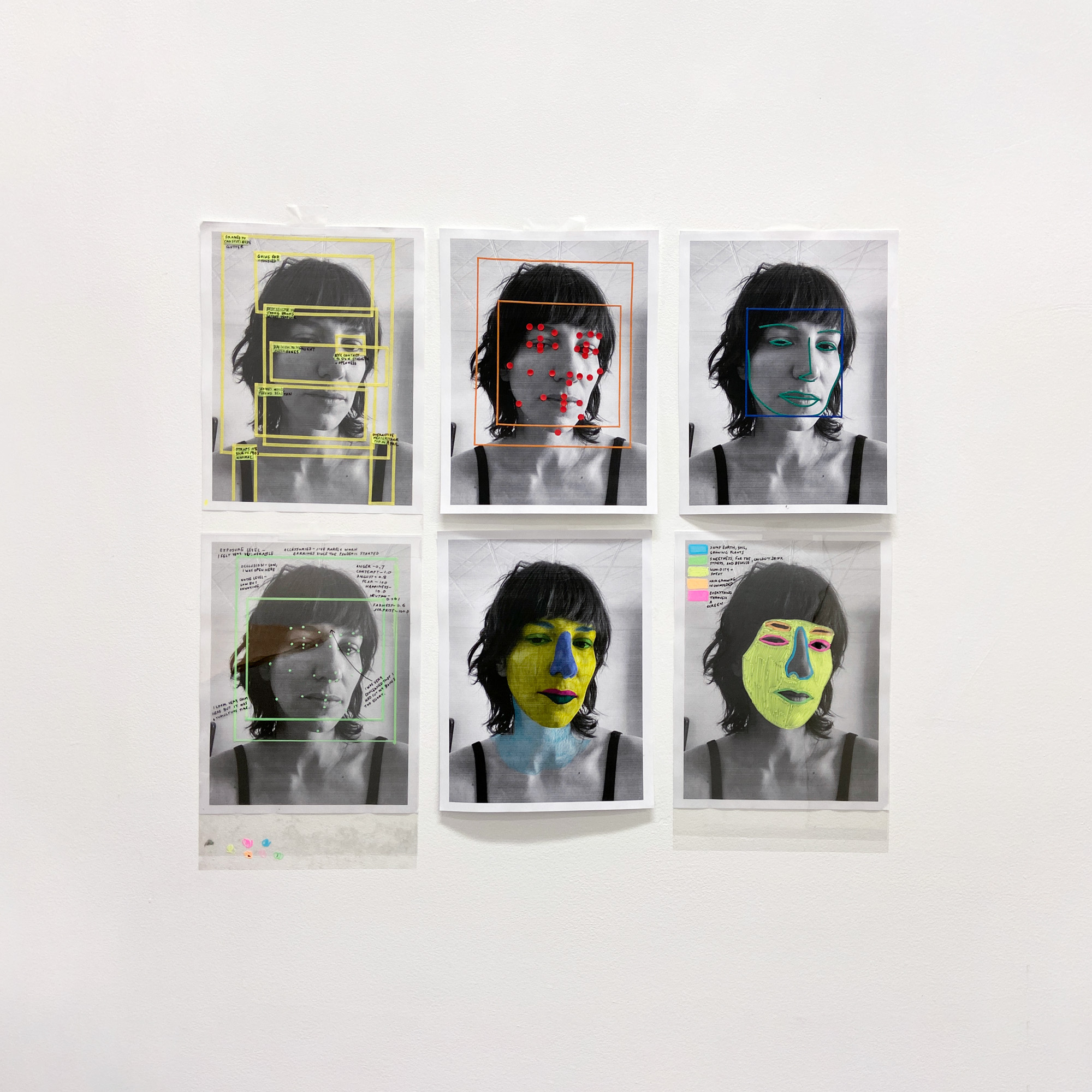 A grid of six identical black-and-white portraits of me, each with a different hand-drawn annotation in neon colors.
