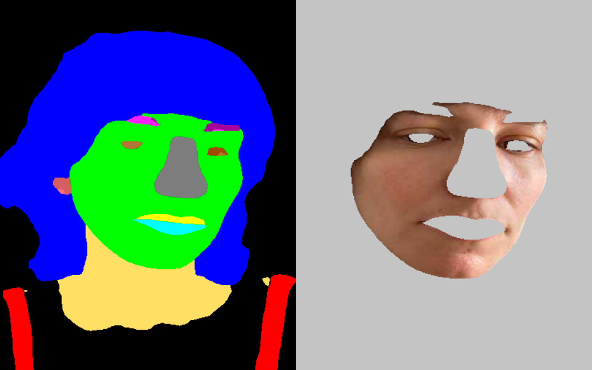 Two screenshots from computer vision software show my face segmented with colors and cut into sections.