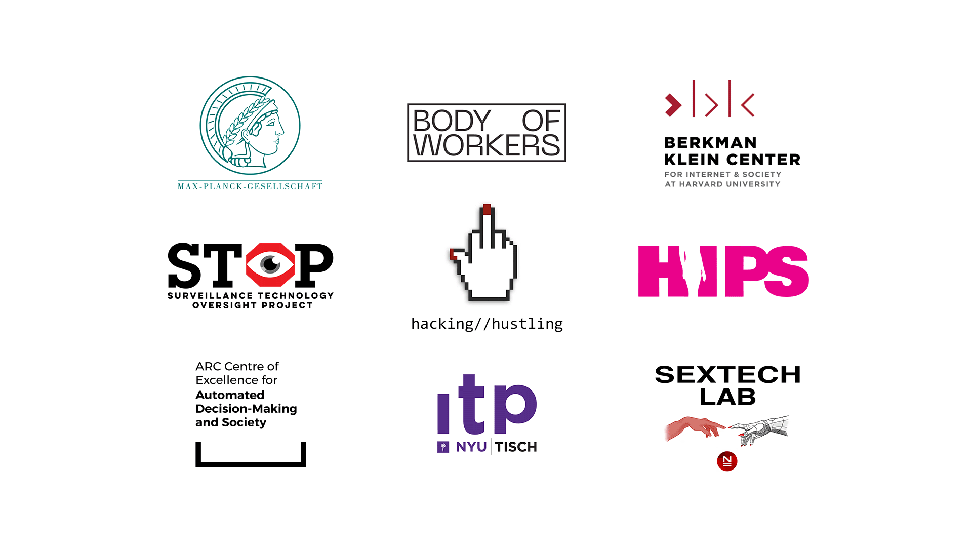 A grid with logos for the Max-Planck institute; Body of Workers; Berkman Klein Center for Internet and Society; Surveillance Technology Oversight Project; Hacking//Hustling; HIPS; ARC Centre of Excellence for Automated Decision-Making and Society; ITP NYU; and SexTech Lab at the New School.