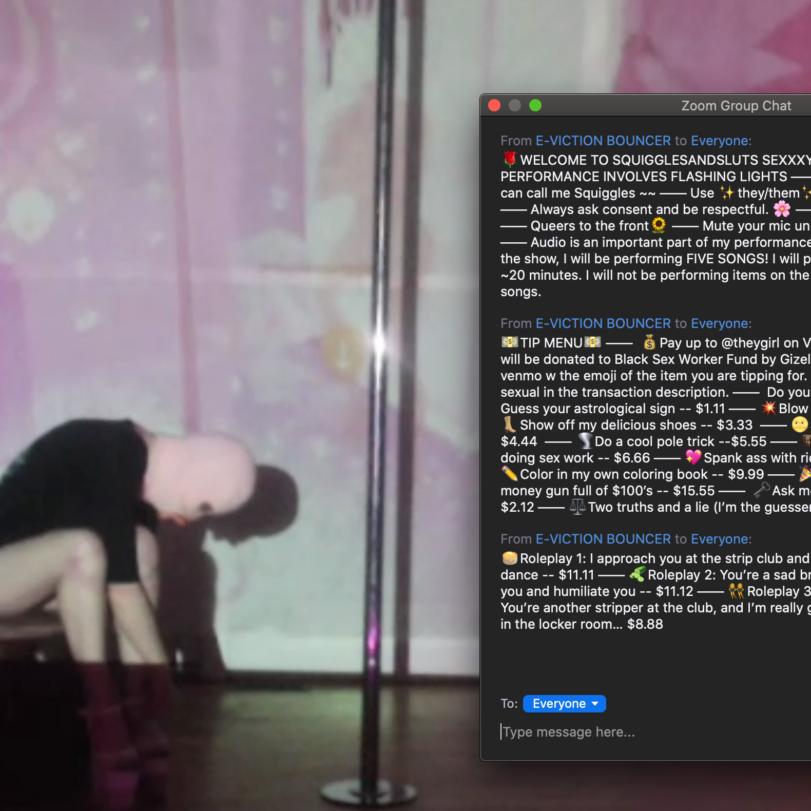 Over a photo of a pink balaclava-clad dancer adjusting their high heel next to a stripper pole, a floating chat window displays innuendo and emoji-laden house rules.