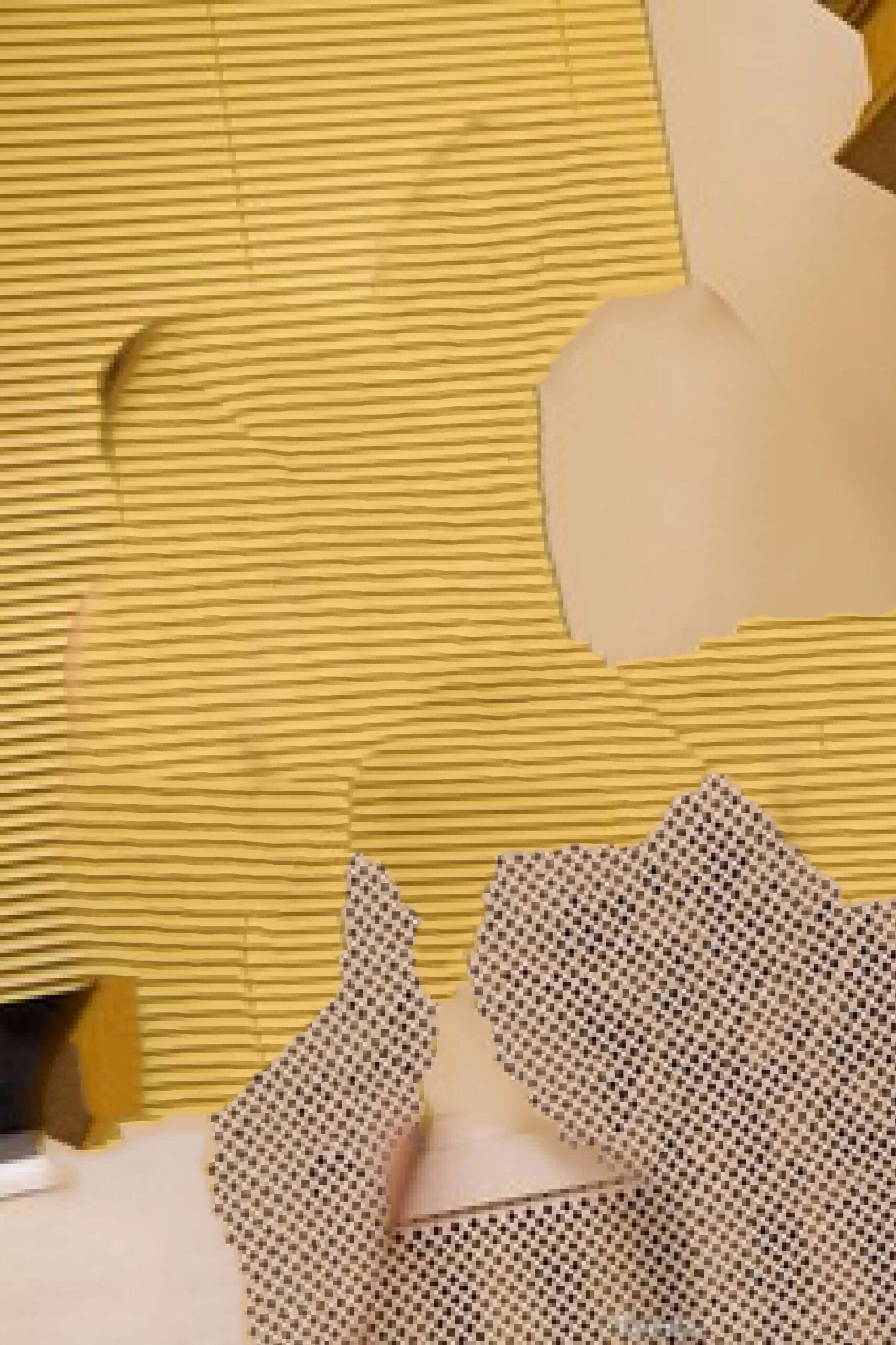Traces of butter yellow venetian blinds and beige basket-woven texture overlap in an abstract collage.