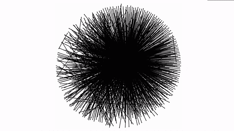 In a video clip, a dense cluster of radiating black lines is pulled apart, with smaller clusters moving away from the center.